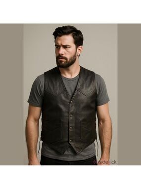 SHAF Black Leather Vest Size 54 Lace Up Sides Motorcycle Biker